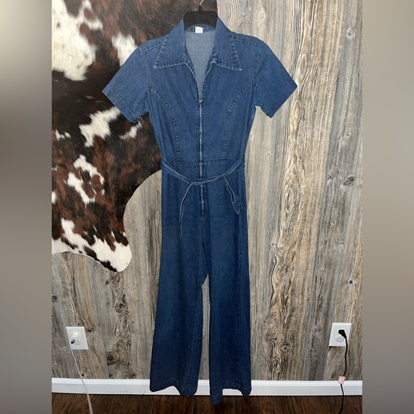 Wrangler Pants - Vintage Wrangler blue jean zip front jumpsuit with tie waist detail MADE IN USA